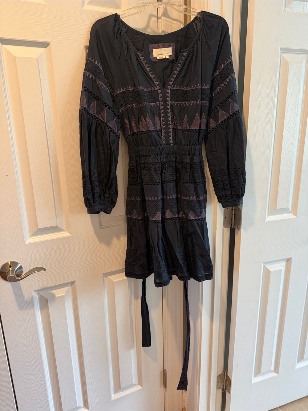 Anthropologie Navy & Lavender Embroidered Peasant Dress